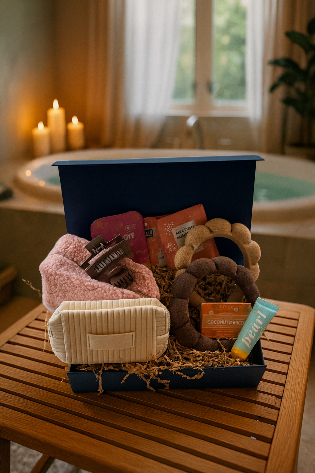 Spa self-care gift box styled with blush accessories, wellness items, and calming beauty essentials.
Curated relaxation gift box featuring cozy spa items in a soothing environment.
Luxury spa gift set arranged in a navy box with blush and neutral tones.
Self-care pamper box designed for relaxation and peaceful moments.
Elegant spa-inspired gift box perfect for wellness and comfort gifting.