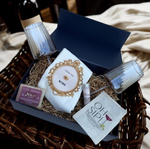 Luxury Wine Lover Gift Box with Stemless Wine Glasses, “Pour Me Wine” Towel, Merlot Soap & OH SIP! Recovery Kit – Elegant Gift for Her or Him