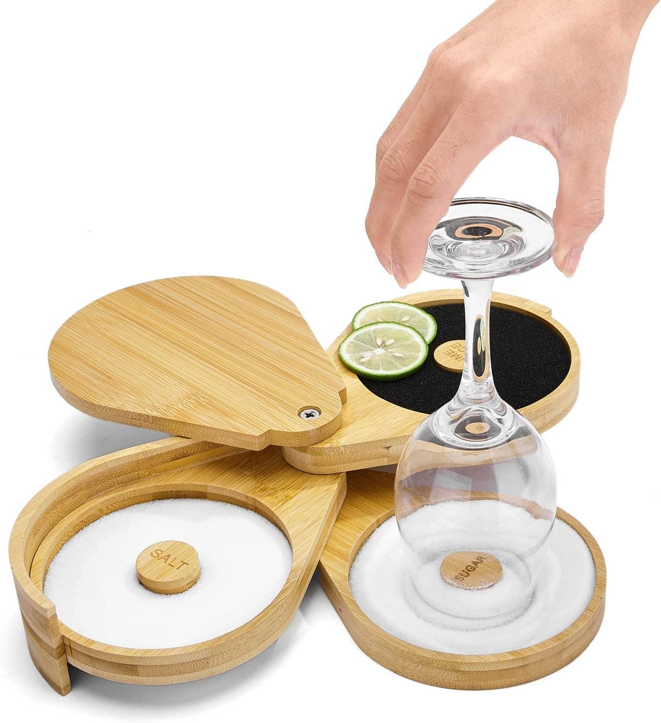 Tier Bar Glass Rimmer Bamboo Wood Sugar Salt Box with Sponge: 1 Set(Wood Set)