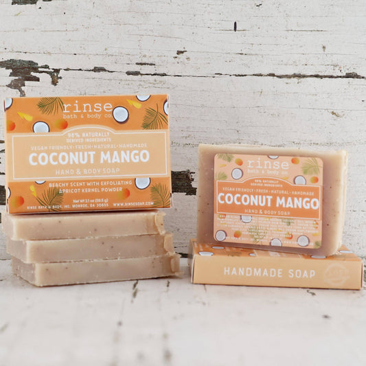 “Handcrafted Coconut Mango Natural Soap Bar with a creamy texture and tropical scent.”