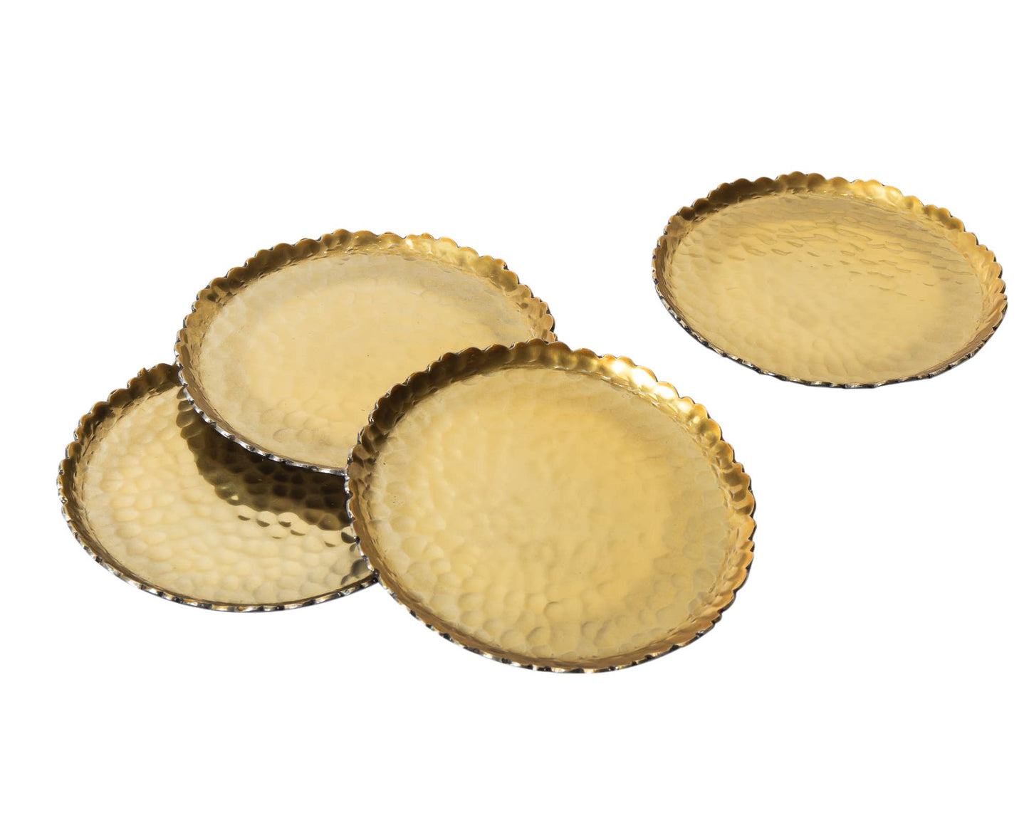 Set of four gold hammered metal trays with round edges and elegant textured finish, perfect for modern entertaining.