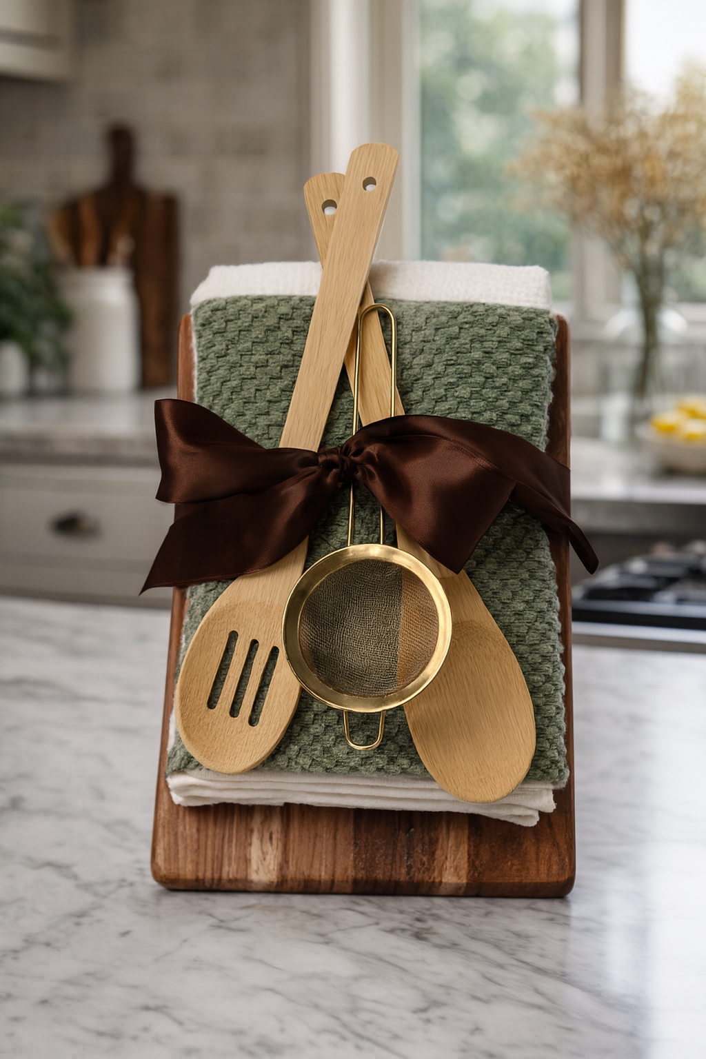 Hostess Gift Kitchen Towel & Utensil Set – Sage Green Dish Towel, Wood Board, Bamboo Spoons & Brass Strainer