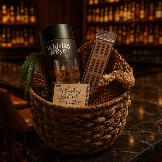 Rustic bourbon gift basket with whiskey-themed glassware, woven basket, and masculine accents styled with greenery.