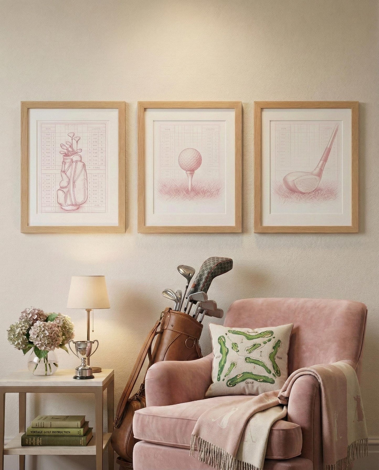 Framed Golf Art Print Set: Pink Minimalist Illustration