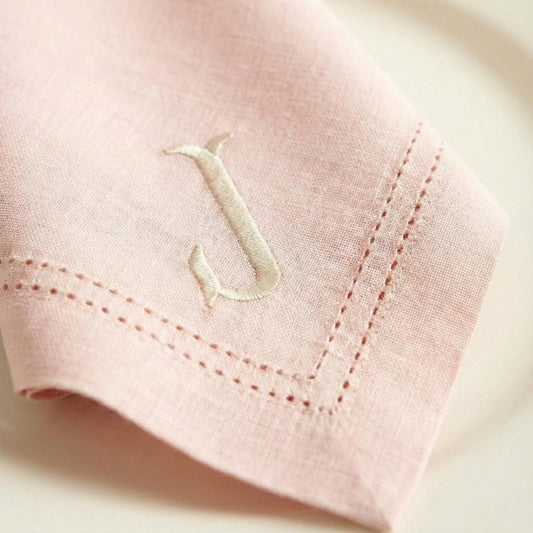 Monogram Linen Napkin Blush Pink Color Elegant Hemstitch Border Custom Embroidery Design Wedding Table Setting Luxury Dining Accessory Personalized Wedding Gift Special Occasion Decor Formal Dinner Essential Anniversary Celebration Present
