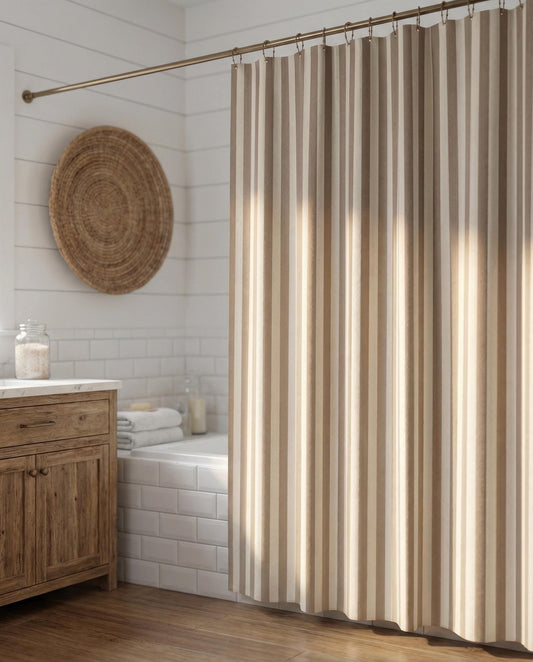 Beige Striped Shower Curtain, Neutral Modern Bathroom Decor