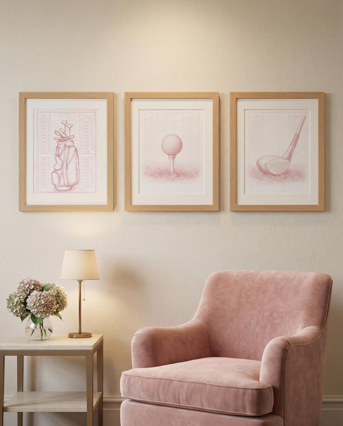 Framed Golf Art Print Set: Pink Minimalist Illustration