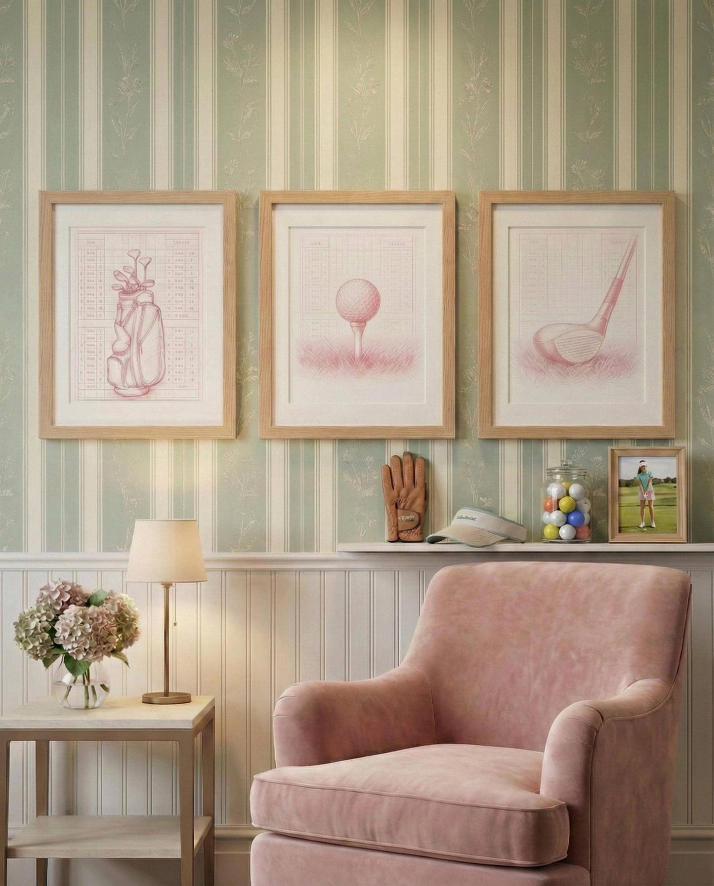 Framed Golf Art Print Set: Pink Minimalist Illustration
