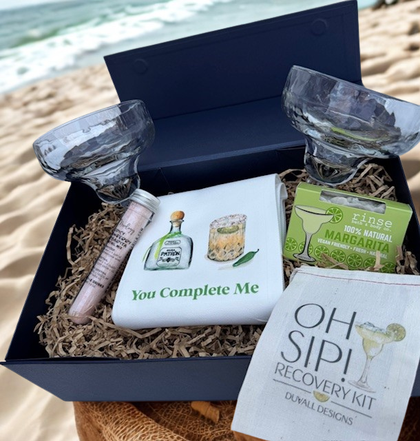 Luxury Margarita Gift Box with Glasses, “You Complete Me” Towel, Mix, Soap & Recovery Kit – Perfect Tequila Lover Gift for Her or Him