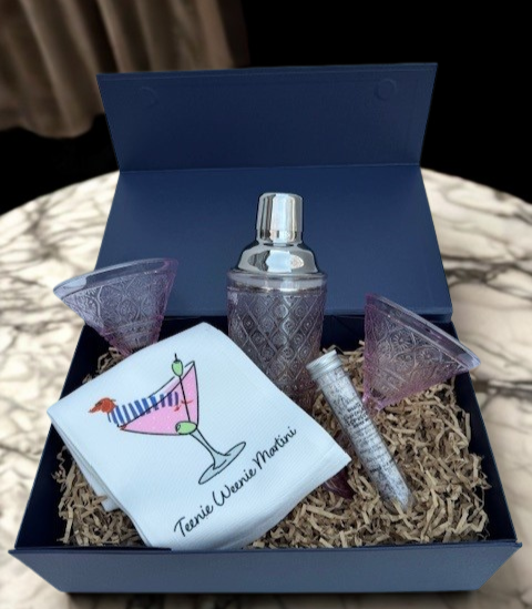 Luxury Martini Gift Box with Pink Martini Glasses, Shaker, “Twist, Vermouth, Martini” Towel & Salt Tube – Elegant Cocktail Gift for Her or Him