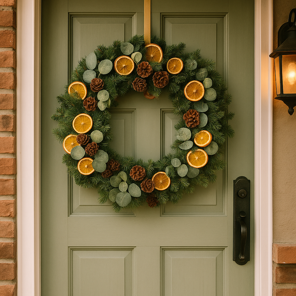 Natural Dried Orange and Eucalyptus Christmas Wreath with Pinecones – Rustic Greenery Holiday Door Décor