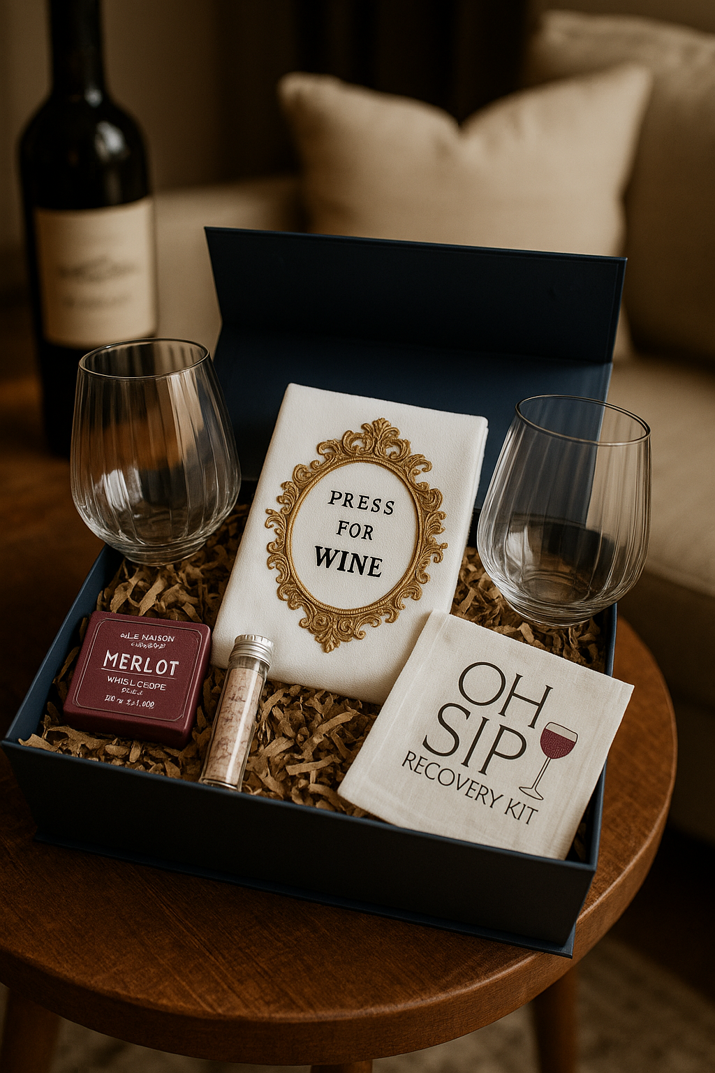 Luxury Wine Lover Gift Box with Stemless Wine Glasses, “Pour Me Wine” Towel, Merlot Soap & OH SIP! Recovery Kit – Elegant Gift for Her or Him